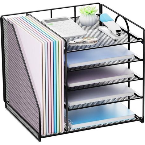 Organiseur de Bureau à 5 Niveaux – Rangement de Documents avec Porte-Fichiers, Corbeille à Courrier en Maille Métallique – Noir (1/5)