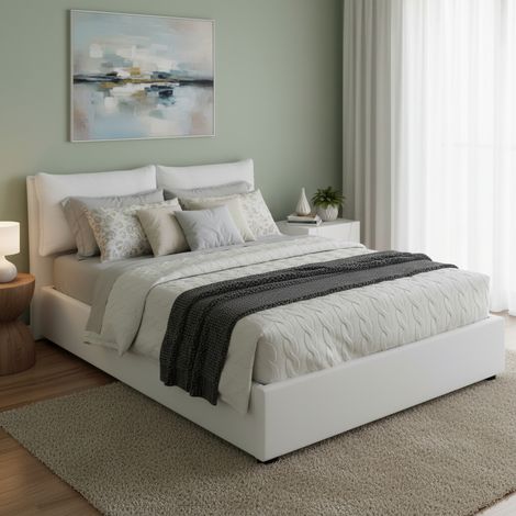 Talamo Italia Cama matrimonial Lara, Cama contenedor con tapizado en ecopiel, 100% Made in Italy, Apertura frontal, adecuado para colchón 160x190 cm, Blanco, con embalaje reforzado (1/5)