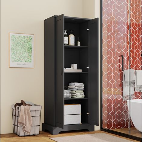 Mobile bagno alto moderno in MDF nero 56 x 40 x 170 cm, 2 ante, 4 ripiani regolabili, chiusura ammortizzata (1/5)