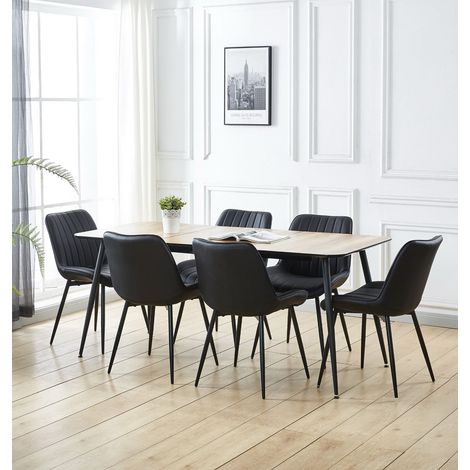 Hallowood Furniture Cullompton Extendable Dining Table and Chairs Set 6, Light Oak Effect Top 120-180cm Extending Table with Black Faux Leather Chairs, Dining Room Sets for Home and Cafe (1/5)