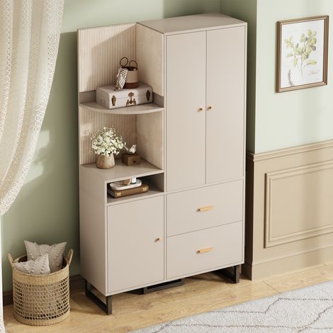 DESMIU Vestiaire d'entrée avec penderie, étagères, 2 tiroirs et meuble à chaussures, en MDF beige gris (1/5)