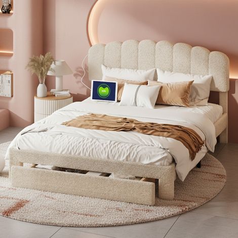 Lit Capitonné 140x200 cm, Lit Double avec Tiroir de Rangement et Tête Réglable en Hauteur lit adulte avec Prise USB et Type C pour Adultes, sans Matelas, Beige (1/5)