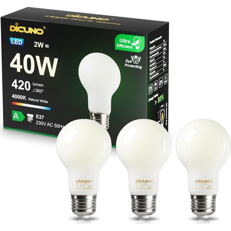 Ampoule LED E27 Ultra Efficient Classe A, 2W=40W, 4000K, Lot de 3 Blanc neutre, 420lm, Verre, Ampoule E27 économie d'énergie, LED A60 filament edison, Non-dimmable (1/5)