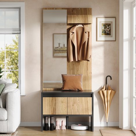 Porte-manteau d'entrée 60x38x145 cm en panneaux de particules naturel, avec rangement FloraGrace (1/5)