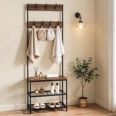 Porte-manteau 3 en 1 en bois et métal avec banc et étagères (1/5)