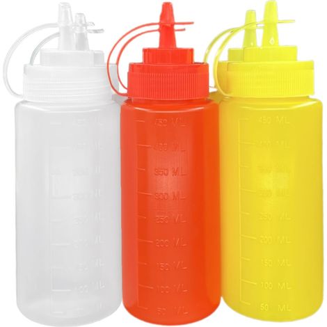 Set of 6 Sauce Bottles 450ml, 16oz Squeeze Soft Plastic Sauce Bottles, Condiment Containers, Ketchup, Mustard, Mayo Dressing, White, Yellow, Red, Reusable, 3 Colours (1/5)