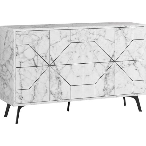 Buffet 4 portes bois blanc effet marbre motif géométrique Kuzako 123cm (1/5)