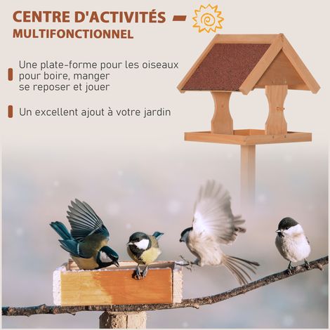 Mangeoire oiseaux extérieur sur pied, toit résistant aux intempéries, bois massif, 55 x 55 x 144 cm, bois naturel (1/5)