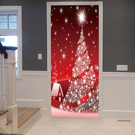 Adhesivo para puerta con efecto 3D Árbol de Navidad rojo (77x200cm), adhesivo de pared de PVC para interiores para decoración de paredes de sala de estar, cocina, dormitorio y baño. (1/4)