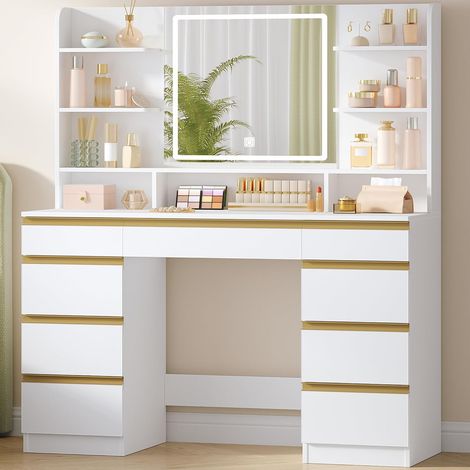 Coiffeuse enfant blanche avec éclairage LED – Miroir HD – 9 tiroirs et 9 étagères ouvertes – Luminosité réglable – Dimensions 108x40x140 cm
