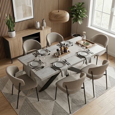 Ensemble de table à rallonges et chaises, table rectangulaire en MDF de 130 à 170 cm(6 Stühle, Rippvelours, grau)