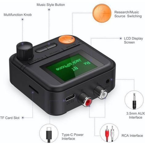 Adaptateur Audio Bluetooth - Émetteur-Récepteur Bluetooth 5.2 - Pour Chaîne Stéréo TV Enceintes Ordinateur - Écran LCD - Carte SD Intégrée - 1 Pièce (1/5)