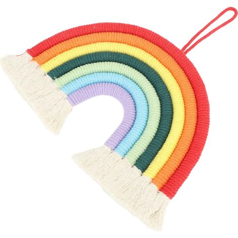 Handmade Macrame Rainbow Wall Hanging, 7 Colors, Cotton Pom-Pom Decor with Natural Cotton Rope for Nursery, Living Room, Bedroom, Wall Art (1/5)