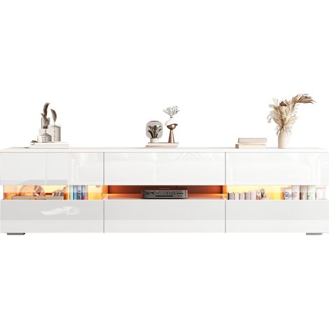 Meuble TV LED blanc brillant 160x39x45 cm, 2 portes, 1 tiroir, niche ouverte, pour TV jusqu'à 70 pouces, façade acrylique à pression – CHICFURN (1/5)