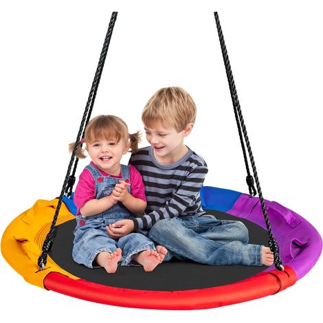GOPLUS Balancoire Nid d’Oiseau Rond, Balancoire de Jardin en Tissu Oxford et PP, Ø100CM, Hauteur Reglable 100-160CM, Charge Maximale 150KG, pour Enfant/Adulte(Multicolore(avec Coussin)) (1/5)