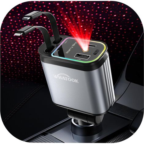 Chargeur Voiture Retractable Allume Cigare: USB C Chargeur Telephone Voiture 4 en 1 à Charge Ultra Rapide 66 W, Adaptateur Voiture Lumière Étoilée pour iPhone,Samsung,Pixel,Voyages,Travail (1/5)