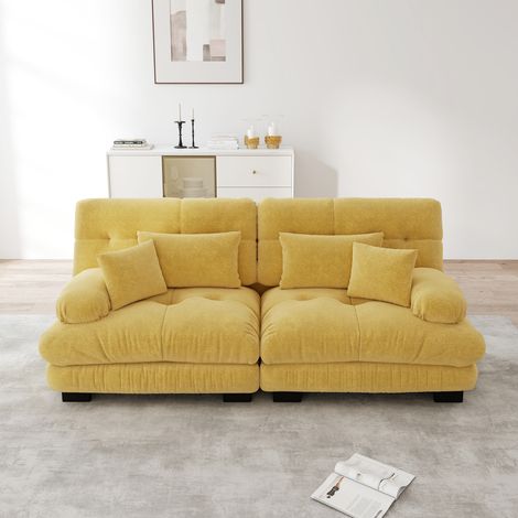 Canapé Cloud Corner pour le salon, double en chenille avec 2 coussins lombaires et 2 coussins décoratifs, cadre en bois massif, jaune