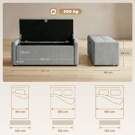 Repose-pieds coffre 142 L, assise large rembourrée en lin, charge maximale 200 kg, gris clair (1/5)