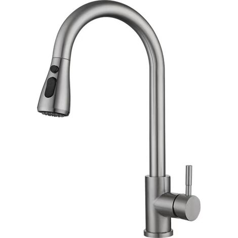 Cross-border 304 Stainless Steel Pull-out Kitchen Faucet, Brushed Gold Hot and Cold Water Faucet, Lead-free Sink and Dishwasher Faucet - Brushed Finish [One-button Stop and Pull-out Head]