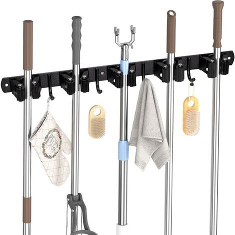 Accroche Balai Mural, 5 Support Balais Mural et 4 Crochets Noir, Porte Balai avec Percage ou Adhésif san Percage, Organisateur pour Salle de bain, Garage, Outils de Jardinage, Cuisine (1/5)