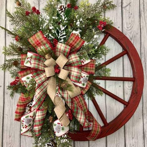 Guirlande De Porte En Bois - Roue De Charrette Rouge Avec Gros Nœud De Noël - Décoration D'intérieur Et D'extérieur - 45 X 40 Cm - 1 Pièce (1/5)