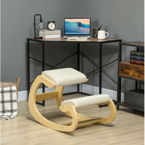 Sgabello inginocchiato 55x85x55 cm bianco crema in legno con struttura basculante ergonomica (1/5)