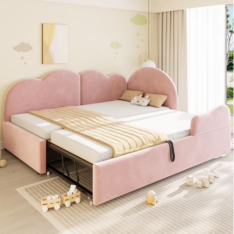 Divano letto L 90x200x88 cm, estraibile in letto matrimoniale, testiera a forma di nuvola, velluto rosa (1/5)