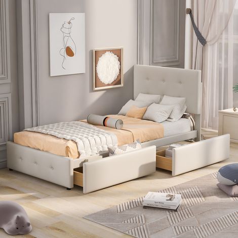 MEUBLIV Cama 90x200 cm beige – con almacenamiento y cabecero, sin colchón (1/5)