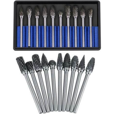 Jeu de fraises en carbure, limes rotatives en acier au tungstène, diamètre de la tête de coupe 10 pièces pour tige de 3 mm, foret à tige de 6 mm, sculpture du métal, coupe, polissage, gravure,