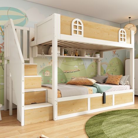 Lit superposé enfant 90x200 cm, lit cabane gain de place avec escalier de rangement et coffre hydraulique, Blanc et Naturel (1/5)