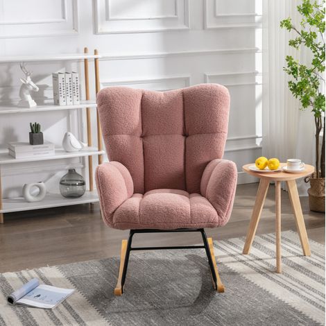 Sedia a dondolo in tessuto teddy rosa 70 x 80 x 95 cm con braccioli imbottiti (1/5)