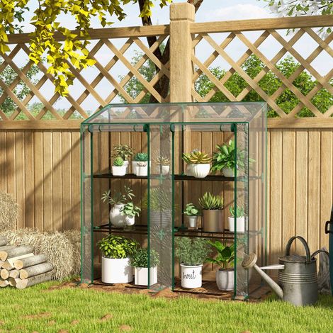 Mini-Gewächshaus mit 3 Etagen, Kunststoffabdeckung, 2 Rolltüren, 6 Regalböden, Maße: 143 x 46 x 141/151 cm (L x B x H)