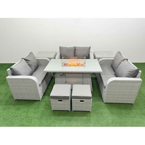 Fimous 8 Seater PE Wicker Rattan Furniture Sofa Sets with Firepit Dining Table 2 Seater Love Sofa 2 Stool 2 Side Table Light Grey (1/4)
