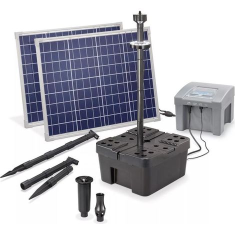 Kit pompe solaire bassin jet d'eau Pro Batt Led 2600L-100W avec batterie, anneau led et filtre immergé (1/5)