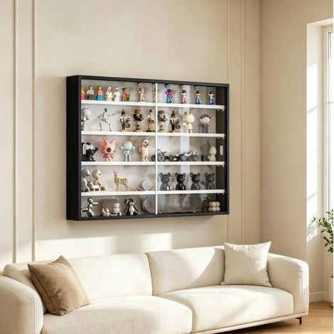 Vitrine murale 80x9,5x60 cm en verre et bois noir, gain de place pour salon FloraGrace (1/5)