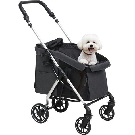 Chariot canin pliable 4 roues léger gris, coussin déhoussable, laisse de sûreté, fenêtres filet multiples