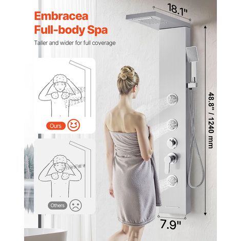 Colonne de douche murale inox brossé 53 po: pommeau pluie et cascade, 3 jets massage, mitigeur 5 fonctions, douchette main et bec bain (1/5)