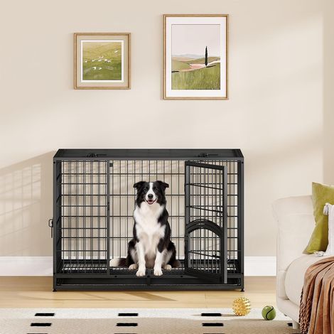 Cage pour Chien Lourd, XL Cage pour Chien Métal avec Porte Latérale et Plateau Amovible, Facile à Nettoyer, 4 Portes Caisse pour Animaux, Caisse Chien Intérieur, Noir