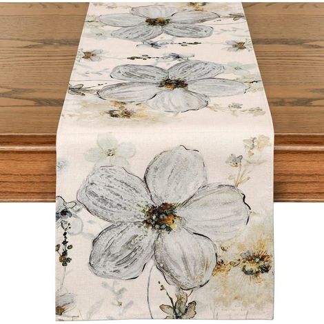 BelleRise - Chemin de table fleuri 183 cm, motif fleurs de pêcher, style rustique, vintage, en coton et lin, pour la cuisine (1/4)