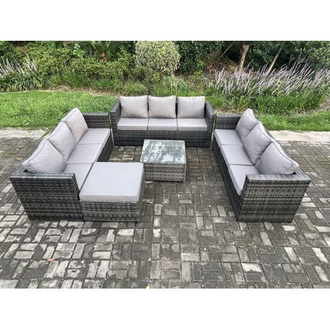 Fimous Salon de jardin en rotin 10 places avec Table basse carrée grand tabouret Mélange gris foncé (1/5)