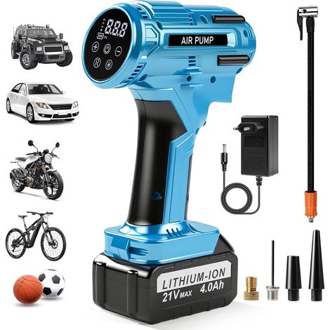 Gonfleur Pneus Voiture Sans Fil, 150PSI Compresseur à Air Portatif Batterie, 5 Modes Electrique Batterie Pompe avec arrêt automatique, 4,0 Ah 21V pour voiture, moto - (1/5)