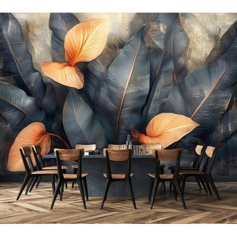 Vlies Fototapete Blätter 150x105 cm, Tapeten, für Wohn und Schlafzimmer, Vliestapete Wandtapete Tapete 3D Effekt- inkl. Kleister - Tropisch Botanisch Natur orange grau, WallArena (1/4)