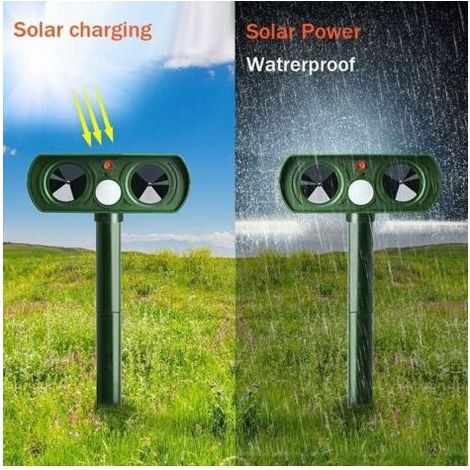 Répulsif à ultrasons solaire pour animaux nuisibles – Sensibilité et fréquence réglable – Zone de couverture jusqu'à 400 pieds² – Étanche IPX4