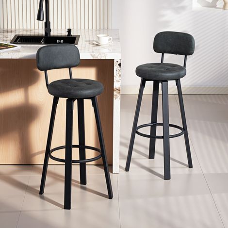 Ensemble de 2 tabourets de bar pivotants pour cuisine, revêtement en polyuréthane, avec dossier, structure en métal et repose-pieds, gris foncé