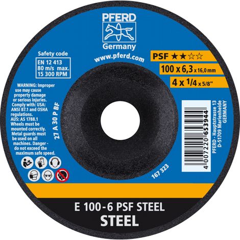 PFERD TOOLS Schruppscheibe E 100x6,3x16 mm Universallinie PSF STEEL für Stahl 10 Stk