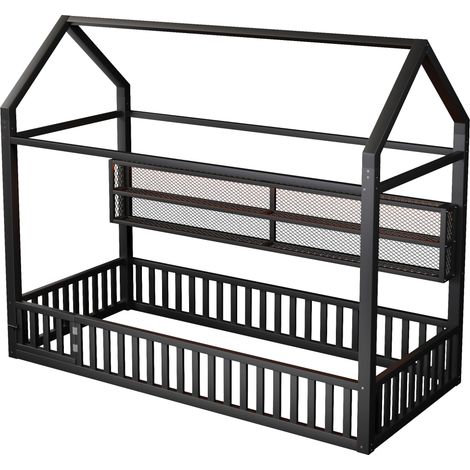 Cama casita plataforma 90 x 200 cm de metal negro con barrera y LED (1/5)