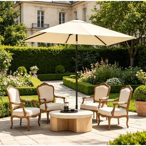 Sombrilla de jardín inclinable de 206 x 135 cm, con toldo de poliéster beige, protección UPF 50+ y manivela. (1/5)