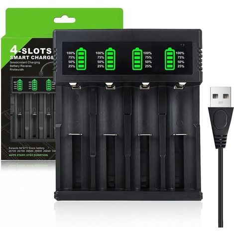 Ladegerät für 18650-Akkus, 4-Steckplatz-Ladegerät mit LED-Anzeige für Lithium-Ionen-Akkus der Typen 10440, 14500, 16340, 18650, 26650, 26700 und 21700, 5-V-USB-Schnellladegerät, wiederaufladbarer Li-I