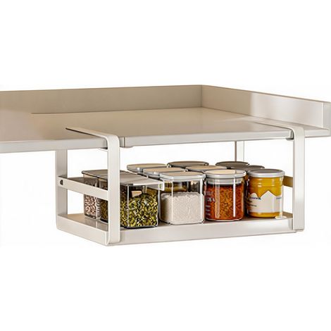 Corbeille Suspendue Sous Étagère Extensible 27-63cm - Panier De Rangement Réglable Pour Placard Cuisine En Acier Au Carbone, Support Sous Meuble Avec Patins Antidérapants - Blanc (1/2)