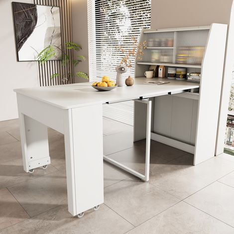 Mesa de comedor extensible 52/132.5x80x76 cm blanca en tablero de partículas con almacenamiento (1/5)